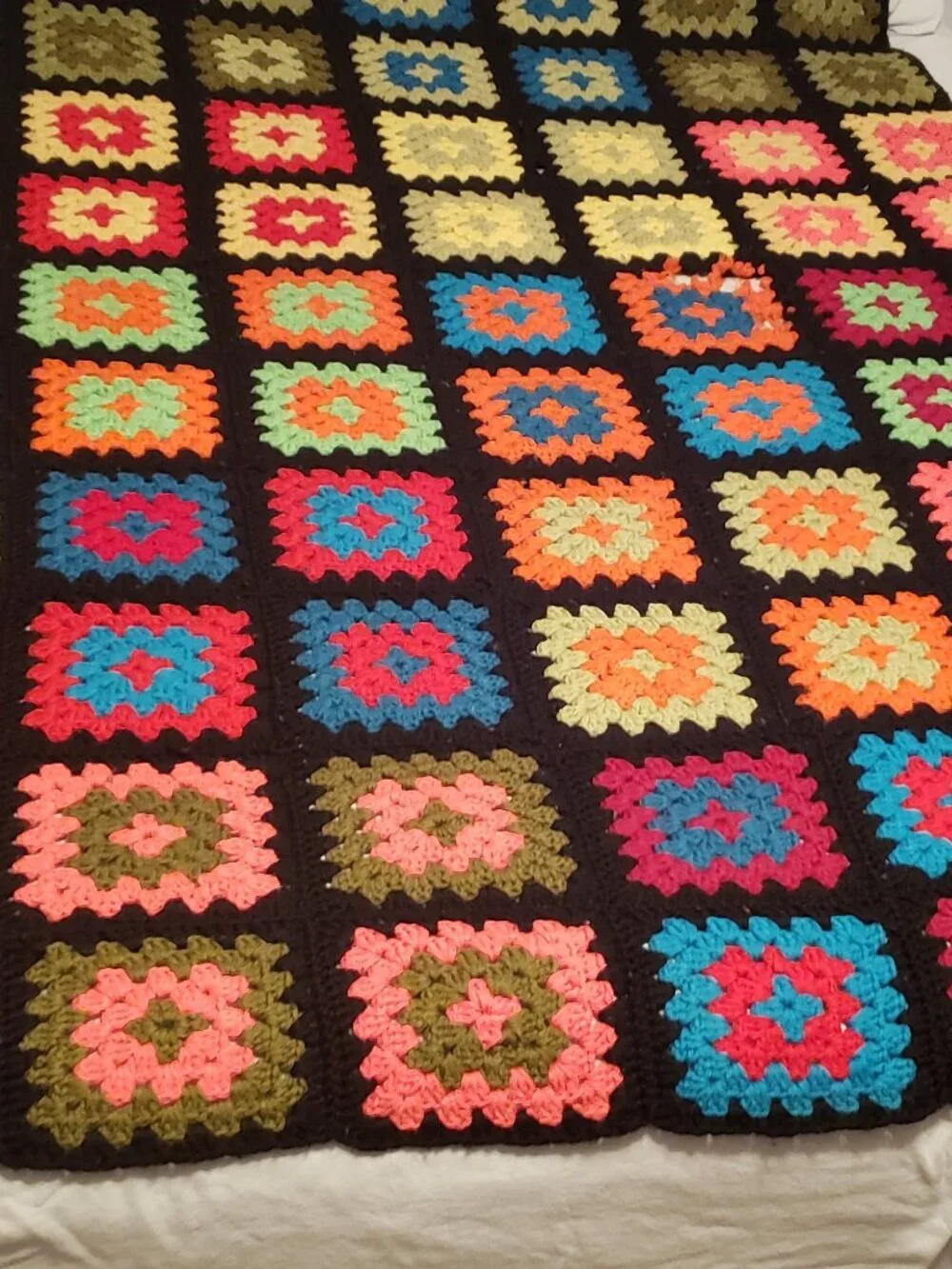 Vintage Granny Square Afghan Black Rainbow Crochet Blanket 56x90 Handmade Throw